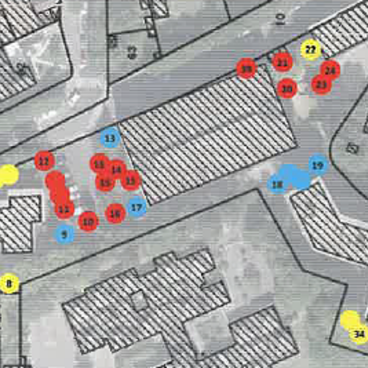 Exemple de plan de gestion indiquant les interventions à prévoir :  jaune en 2022, bleu en 2023 et rouge en 2024.